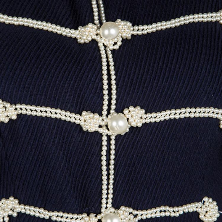 مملوكة مسبقًا Chanel Navy Blue Textured Pearl Embellished Sleeveless Dress S
