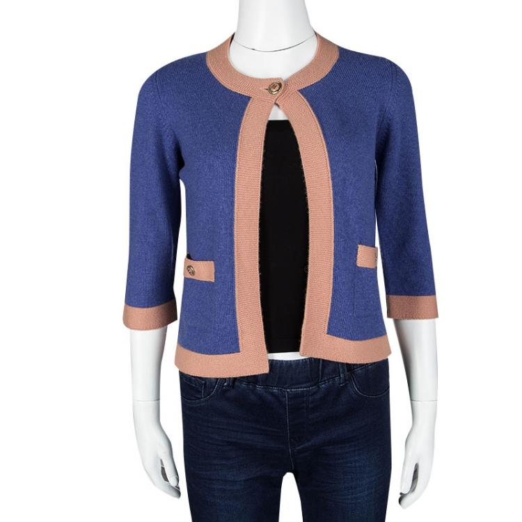 Pre Owned Chanel Blue Contrast Trim Cashmere Cardigan S