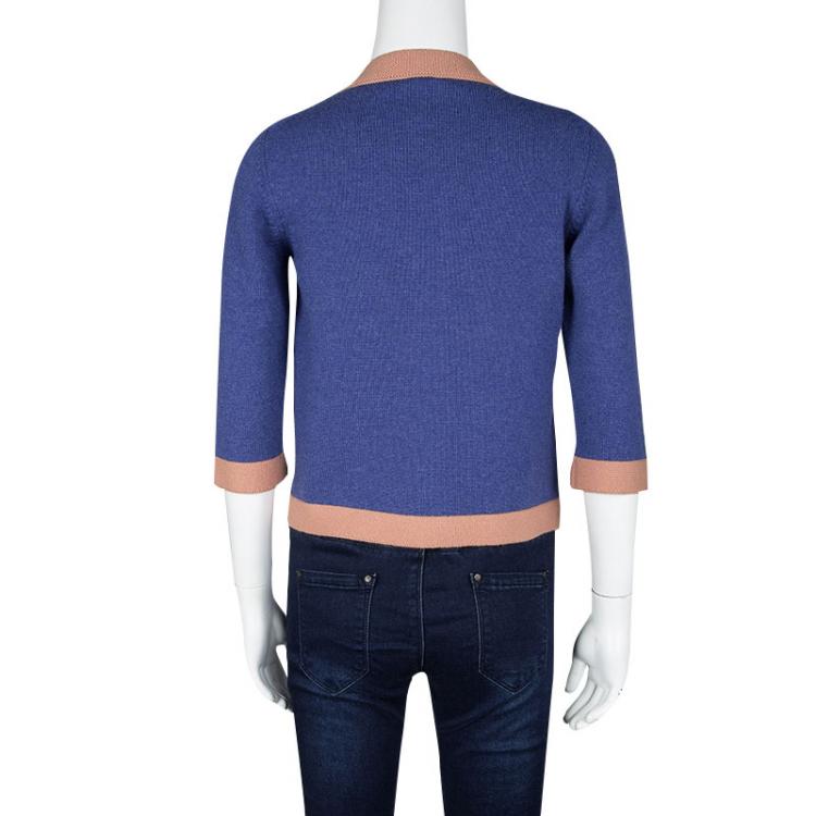 Pre Owned Chanel Blue Contrast Trim Cashmere Cardigan S
