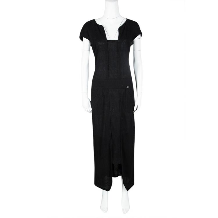 Pre Owned Chanel Black Cap Sleeve Textured Cotton Maxi Dress L