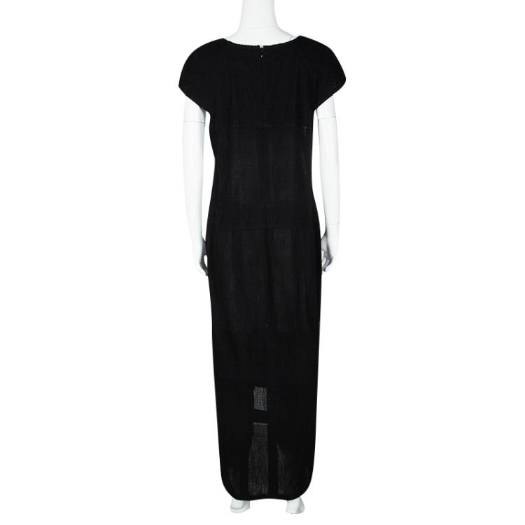 Pre Owned Chanel Black Cap Sleeve Textured Cotton Maxi Dress L