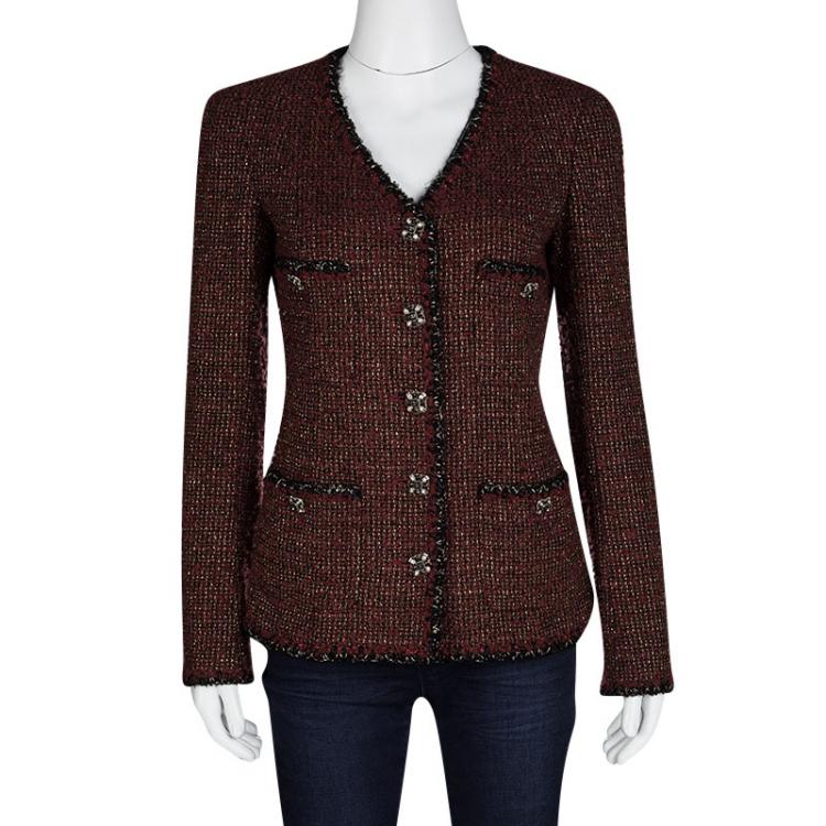 Pre Owned Chanel Red Lurex Knit Contrast Trim Detail Button Front Jacket M