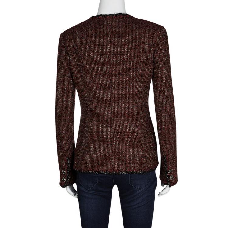 Pre Owned Chanel Red Lurex Knit Contrast Trim Detail Button Front Jacket M