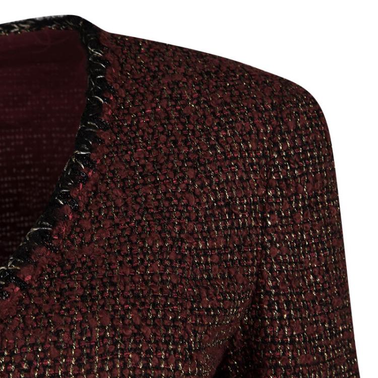 Pre Owned Chanel Red Lurex Knit Contrast Trim Detail Button Front Jacket M