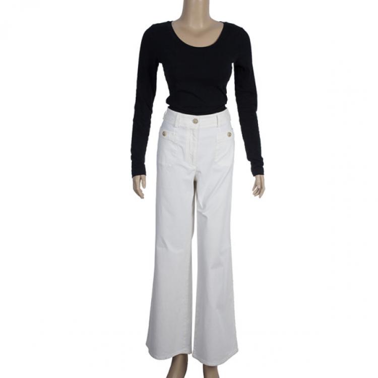 Pre Owned Chanel Off-white Wide-leg Trousers M