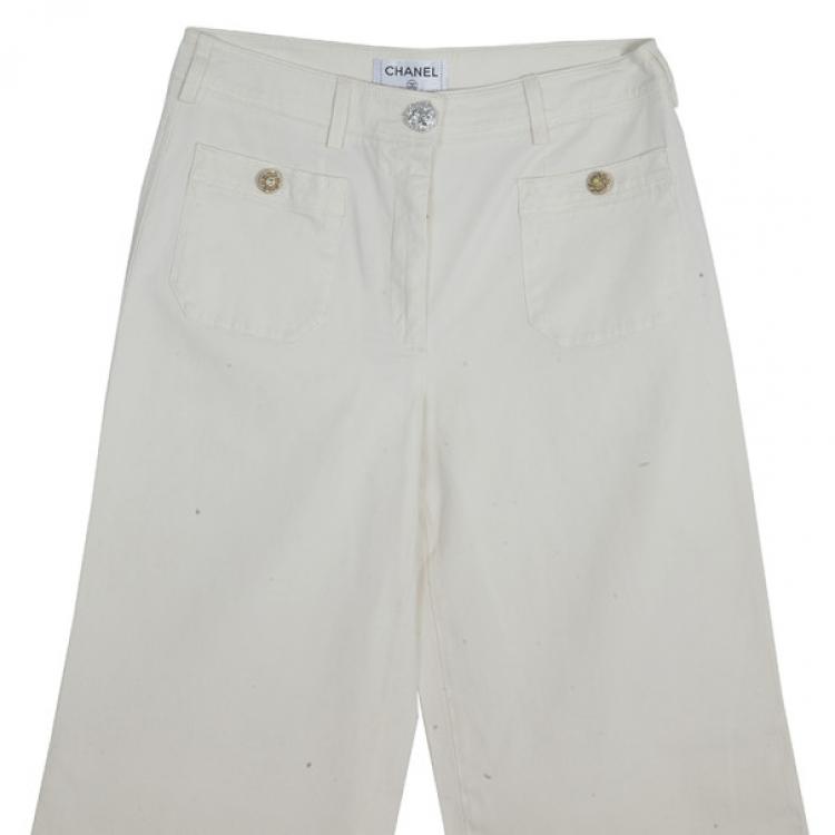 Pre Owned Chanel Off-white Wide-leg Trousers M