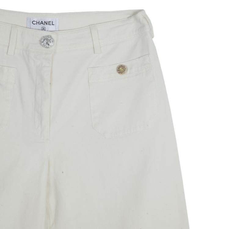 Pre Owned Chanel Off-white Wide-leg Trousers M