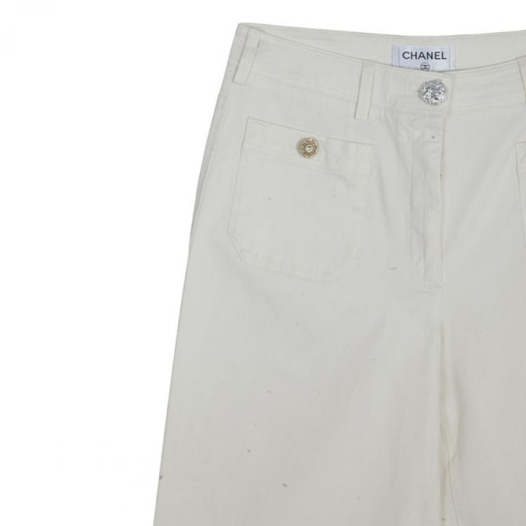 Pre Owned Chanel Off-white Wide-leg Trousers M