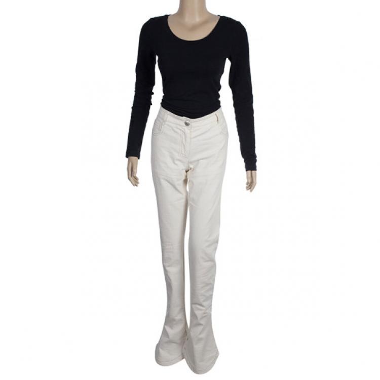 Pre Owned Chanel White Trousers With Embroidered Back Pocket Detail S