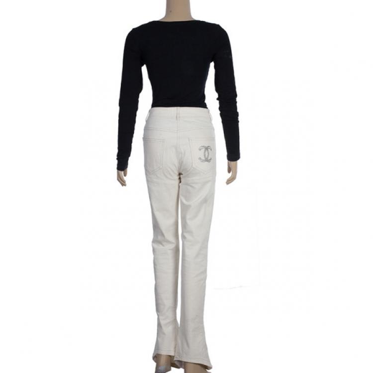 Pre Owned Chanel White Trousers With Embroidered Back Pocket Detail S
