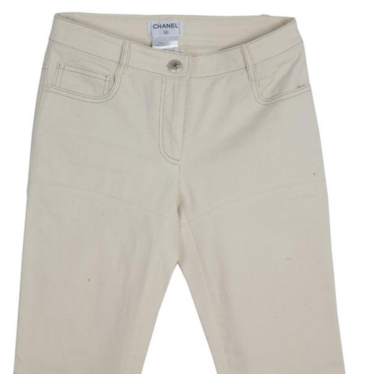 Pre Owned Chanel White Trousers With Embroidered Back Pocket Detail S