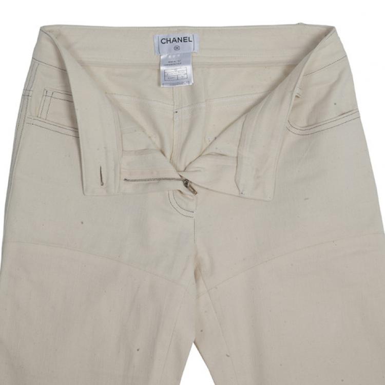 Pre Owned Chanel White Trousers With Embroidered Back Pocket Detail S