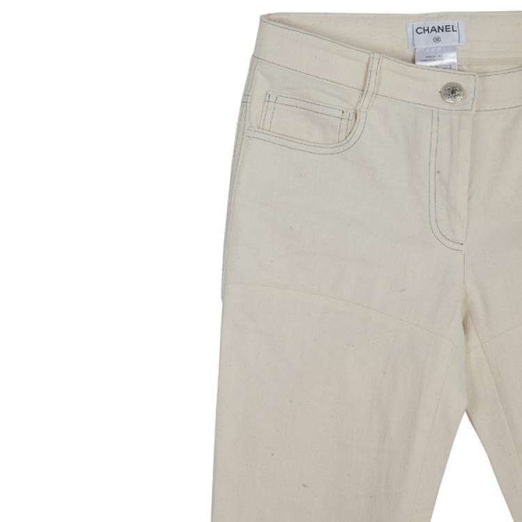Pre Owned Chanel White Trousers With Embroidered Back Pocket Detail S
