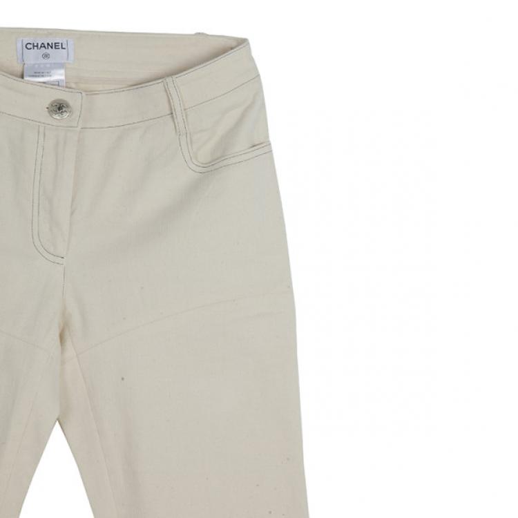 Pre Owned Chanel White Trousers With Embroidered Back Pocket Detail S