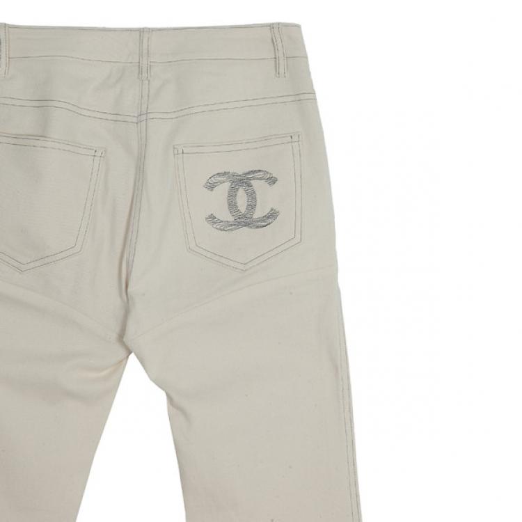 Pre Owned Chanel White Trousers With Embroidered Back Pocket Detail S