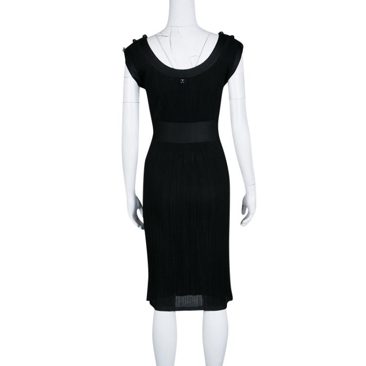 Pre Owned Chanel Black Knit Shoulder Button Detail Sleeveless Dress M
