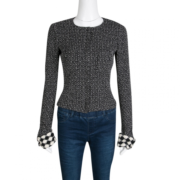 Pre Owned Chanel Monochrome Textured Silk Zip Front Jacket S