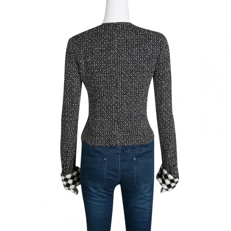 Pre Owned Chanel Monochrome Textured Silk Zip Front Jacket S