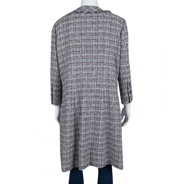 Pre Owned Chanel Grey Checkered Tweed Chain Embellished Buttoned Dress Coat XL