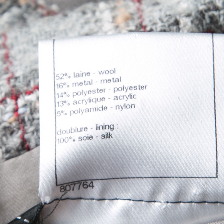 Pre Owned Chanel Grey Checkered Tweed Chain Embellished Buttoned Dress Coat XL