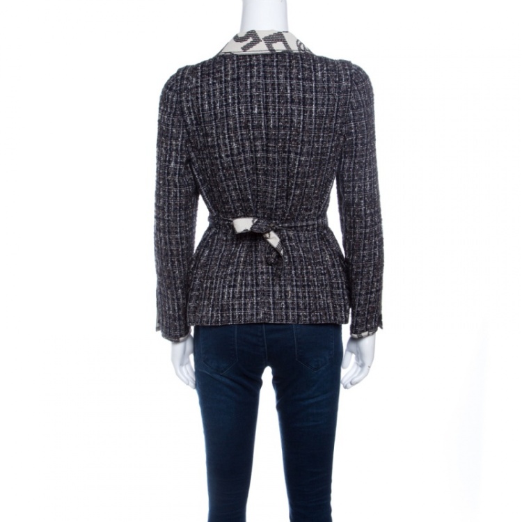 Pre Owned Chanel Vintage Navy Blue and Brown Textured Tie Detail Contrast Trim Buttoned Jacket M