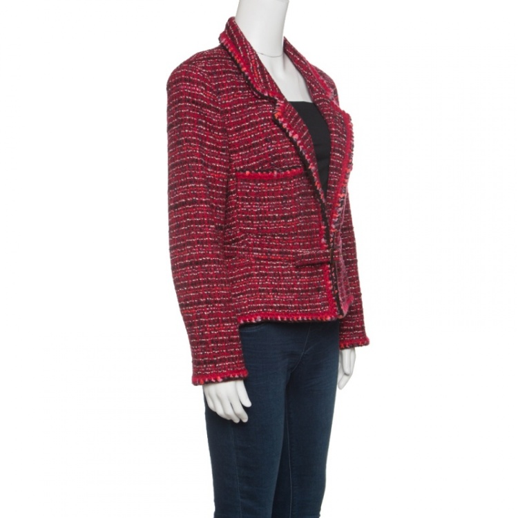 Pre Owned Chanel Red Textured Wool Belted Jacket L