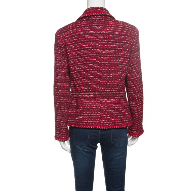 Pre Owned Chanel Red Textured Wool Belted Jacket L