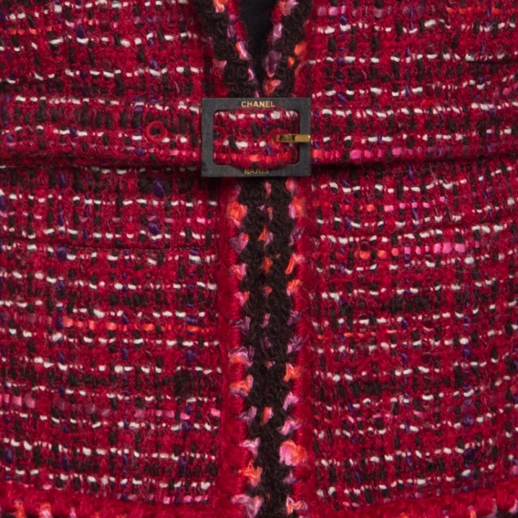 Pre Owned Chanel Red Textured Wool Belted Jacket L
