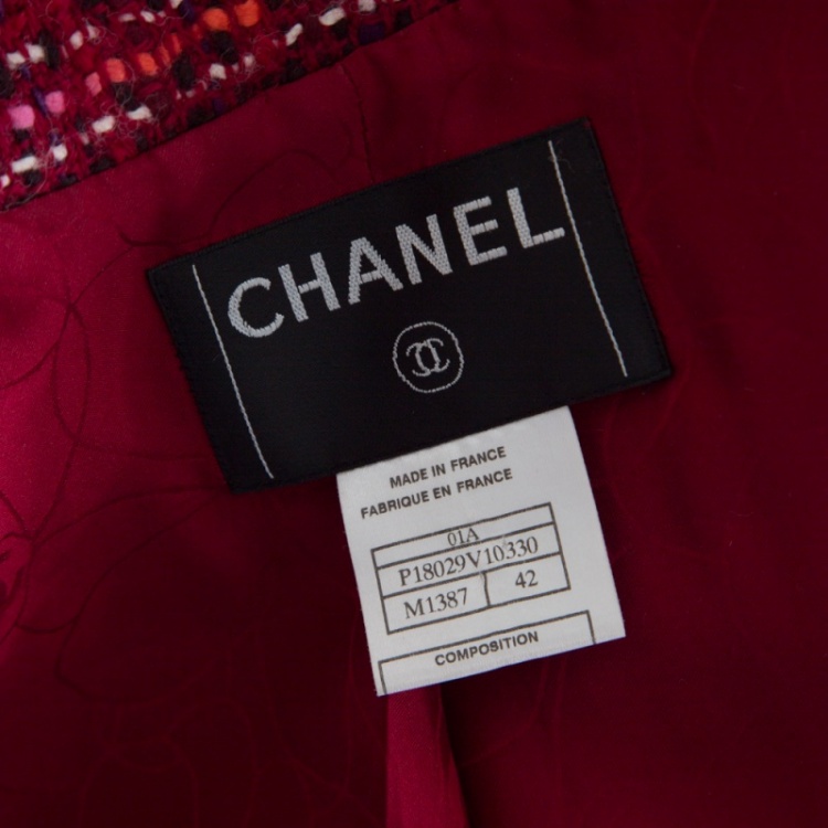 Pre Owned Chanel Red Textured Wool Belted Jacket L