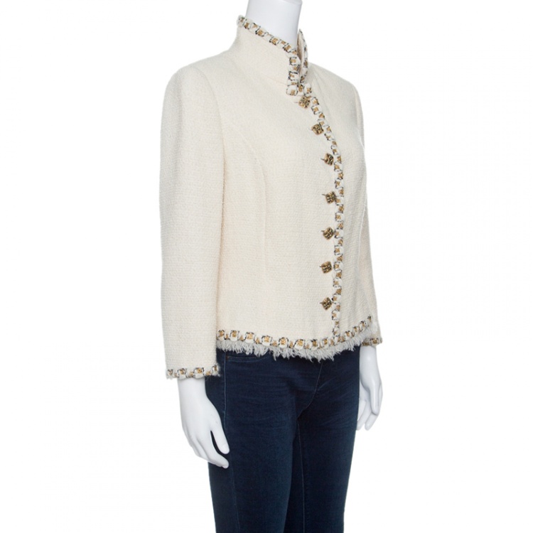 مملوكة مسبقًا Chanel Cream Textured Wool Lurex Trim Detail Frayed Hem Jacket L