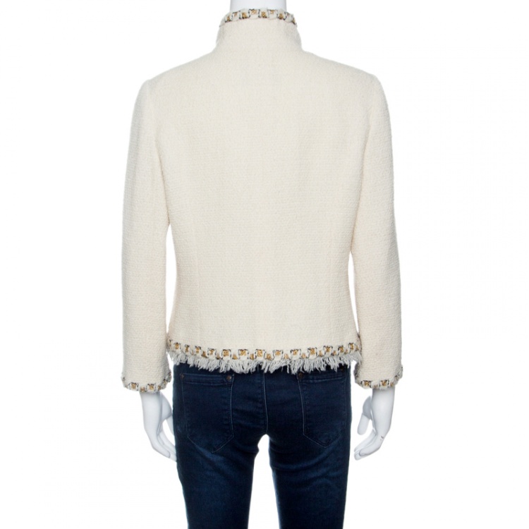 مملوكة مسبقًا Chanel Cream Textured Wool Lurex Trim Detail Frayed Hem Jacket L
