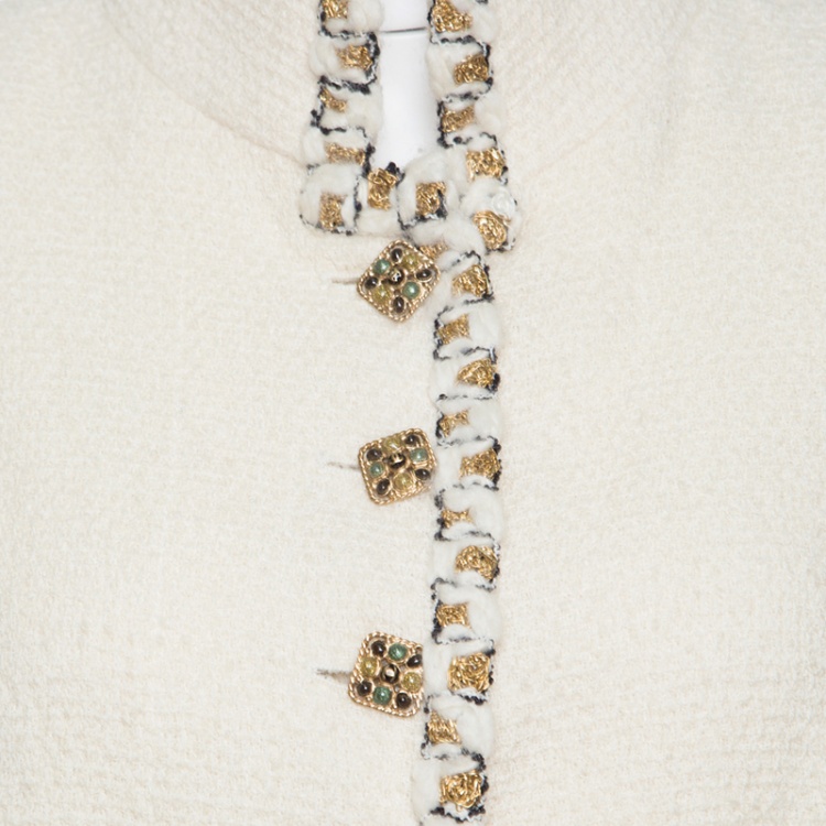 مملوكة مسبقًا Chanel Cream Textured Wool Lurex Trim Detail Frayed Hem Jacket L