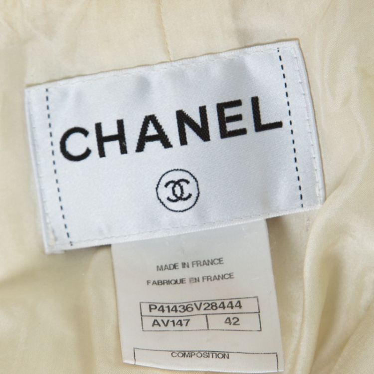 مملوكة مسبقًا Chanel Cream Textured Wool Lurex Trim Detail Frayed Hem Jacket L