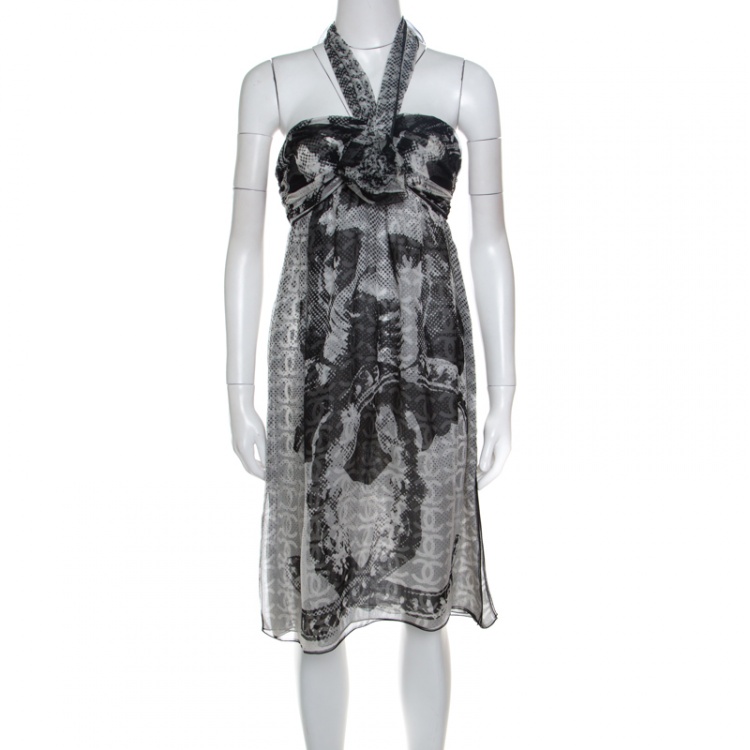 Pre Owned Chanel Monochrome CC Printed Dotted Silk Halter Dress S