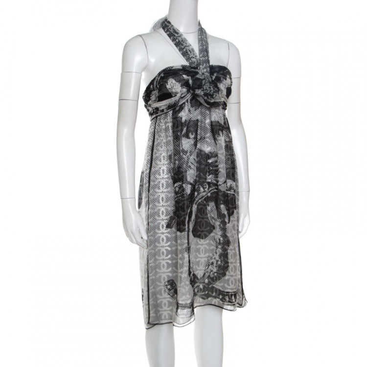 Pre Owned Chanel Monochrome CC Printed Dotted Silk Halter Dress S