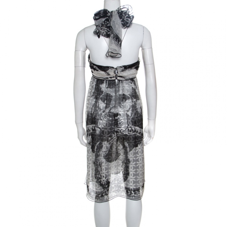 Pre Owned Chanel Monochrome CC Printed Dotted Silk Halter Dress S