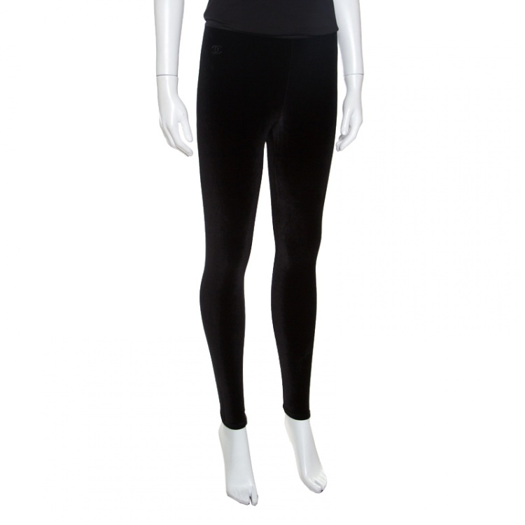 Pre Owned Chanel Black Elasticized Waist Logo Embellished Velvet Pants S