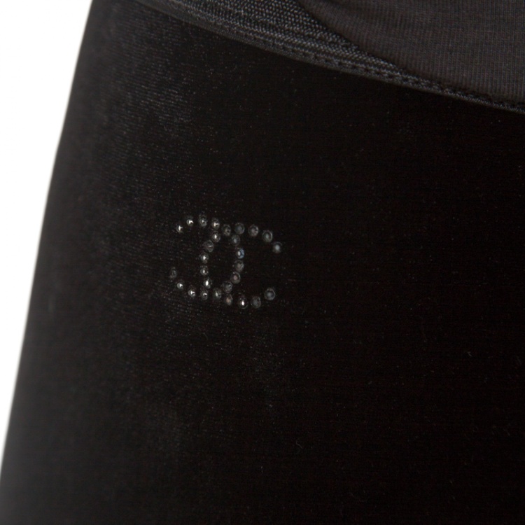 Pre Owned Chanel Black Elasticized Waist Logo Embellished Velvet Pants S