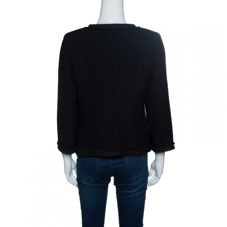Pre Owned Chanel Black Textured Wool Frayed Trim Jacket L