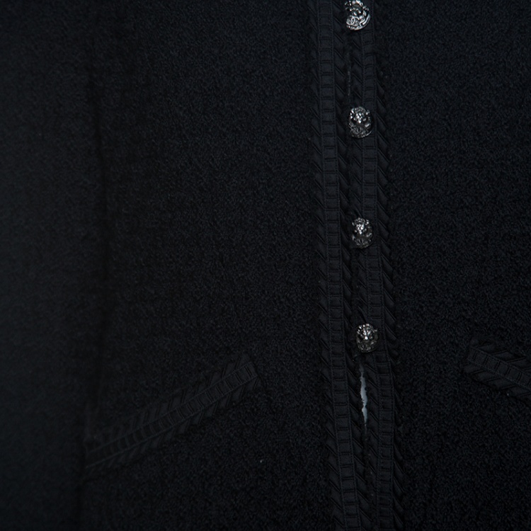 Pre Owned Chanel Black Textured Wool Frayed Trim Jacket L
