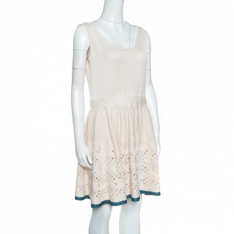 Pre Owned Chanel Cream Crochet Knit Sleeveless Fit and Flare Dress L