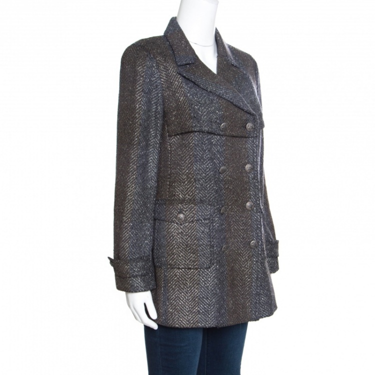 Pre Owned Chanel Textured Ombre Chevron Pattern Double Breasted Blazer M