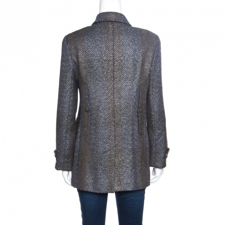 Pre Owned Chanel Textured Ombre Chevron Pattern Double Breasted Blazer M