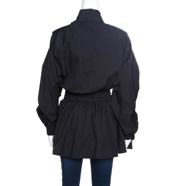 Pre Owned Chanel Black Nylon Smocked Waist Double Breasted Trench Coat M