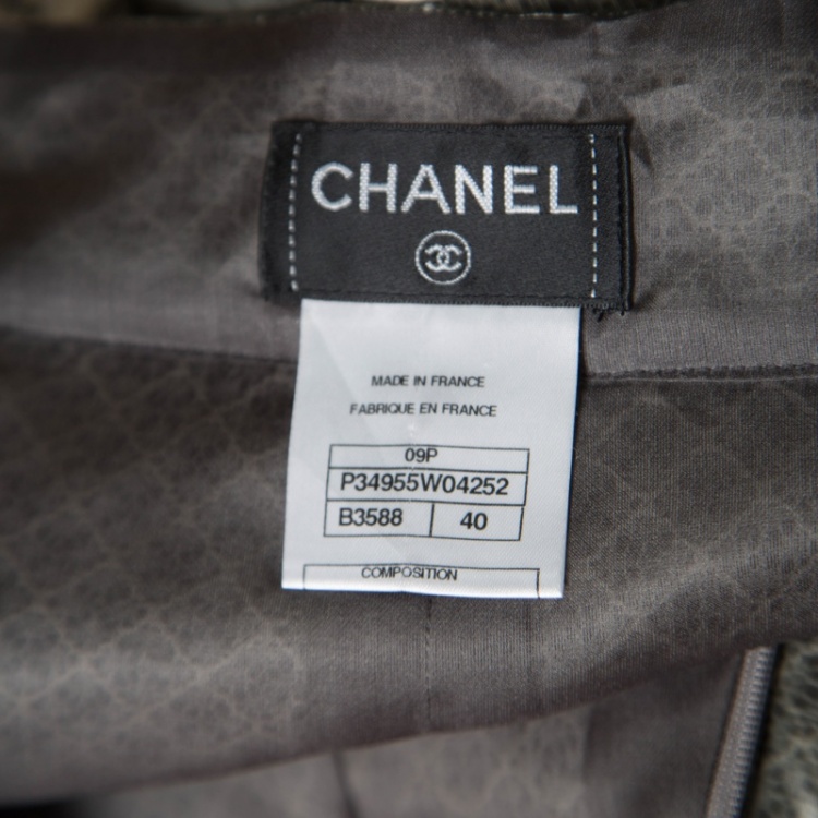 Pre Owned Chanel Grey and White Textured Lace Trim Jacket and Skirt Set M