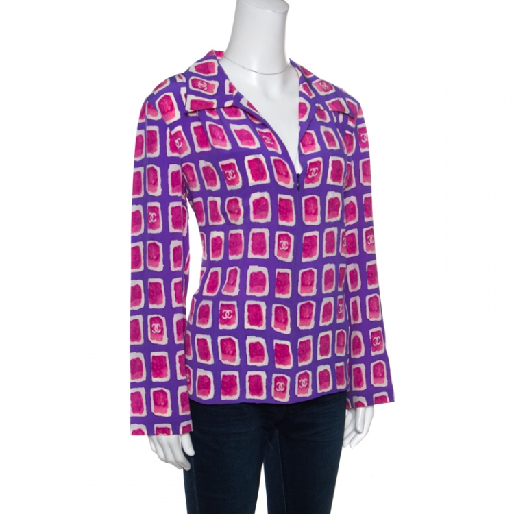 Pre Owned Chanel Purple and Pink Watercolor Motif Printed Silk Zip Front Blouse M