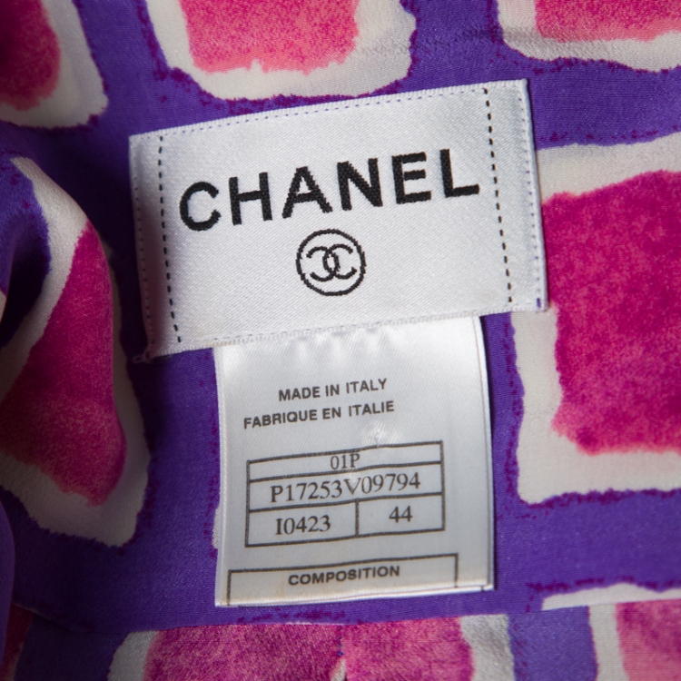 Pre Owned Chanel Purple and Pink Watercolor Motif Printed Silk Zip Front Blouse M