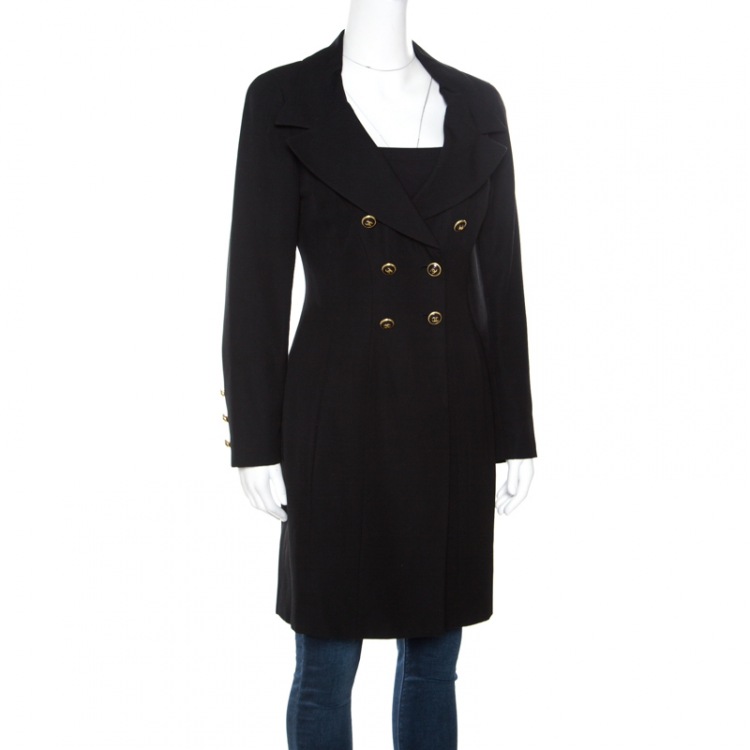 Chanel Boutique Vintage Black Wool Low Cut Double Breasted Coat M Chanel