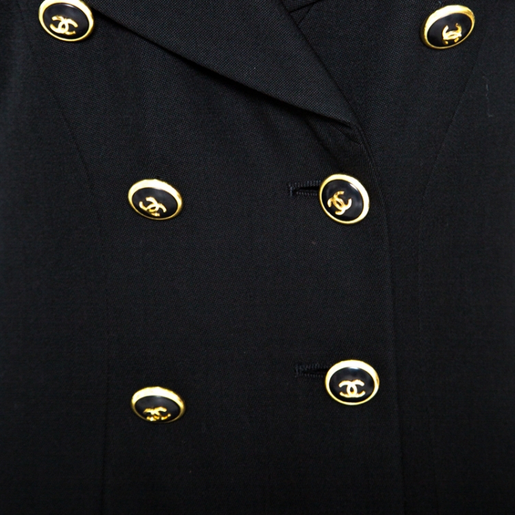 Pre Owned Chanel Boutique Vintage Black Wool Low Cut Double Breasted Coat M