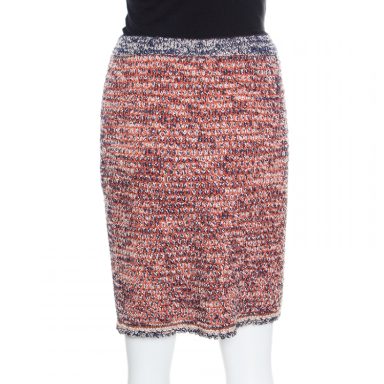 مملوكة مسبقًا Chanel Navy Blue and Orange Textured Pencil Skirt L